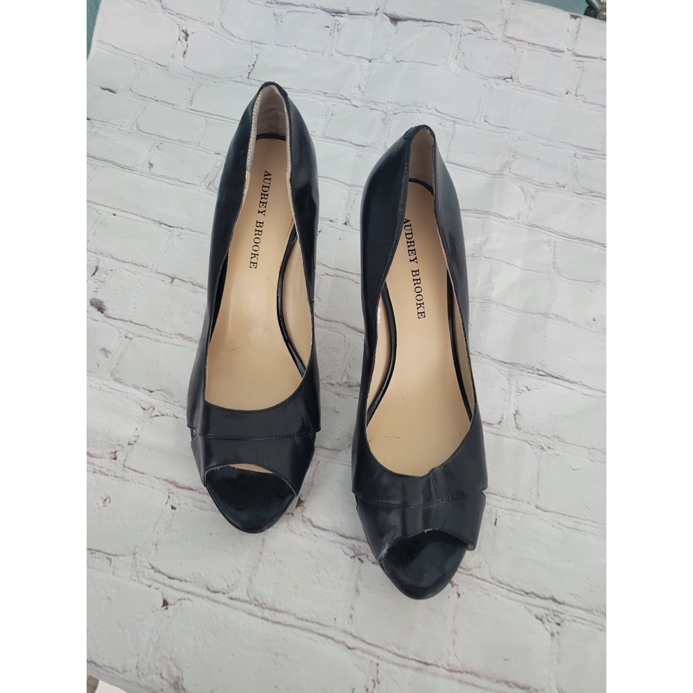 Audrey Brooke Black Leather Peep Toe Pumps Heels Womens 10M AB-GALS3